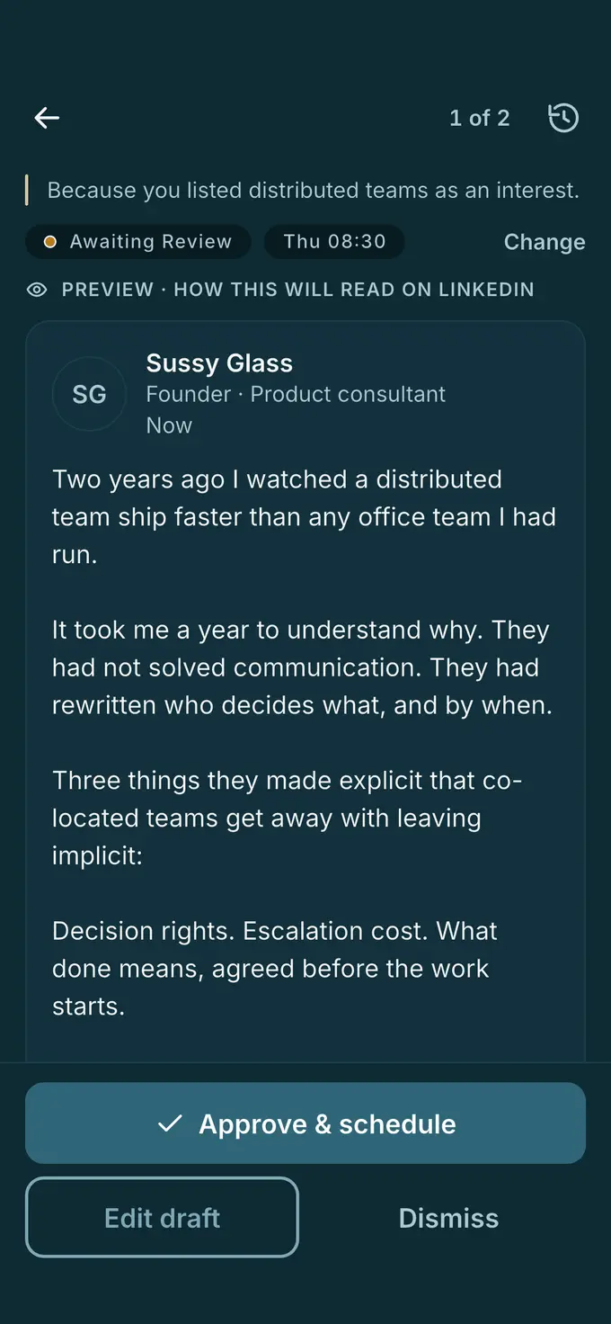 The Omadraft app showing a post drafted for Sussy Glass, previewed as it will read on LinkedIn, with the buttons Approve & schedule and Edit draft.