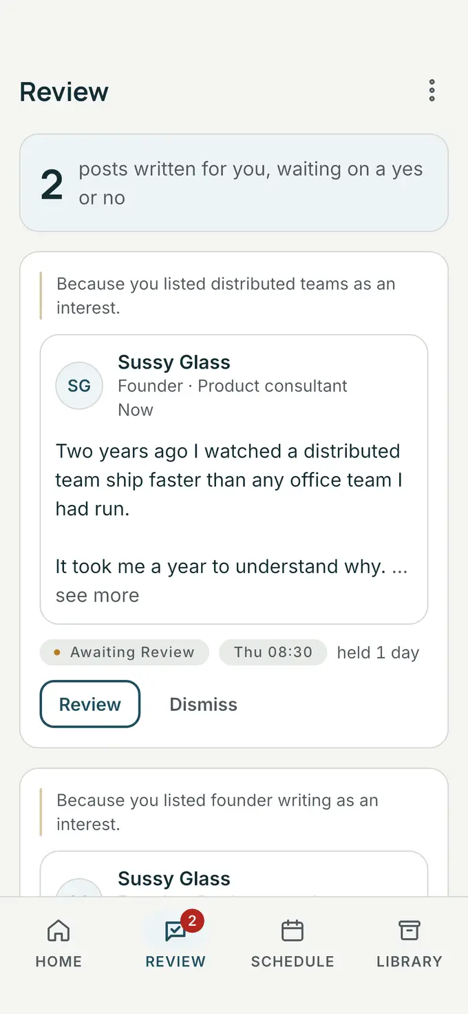 The Omadraft review queue: two posts written for Sussy Glass, each waiting for a yes or no.