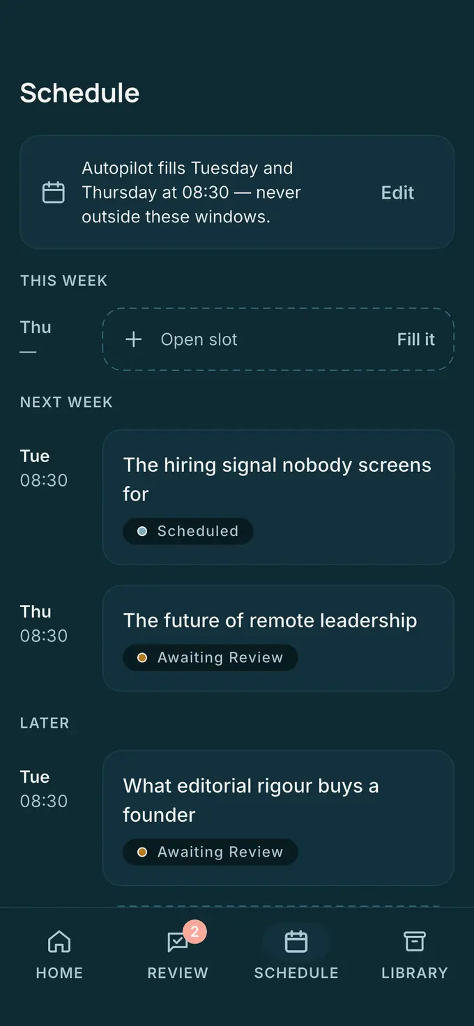 The Omadraft schedule: approved posts set for Tuesday and Thursday mornings, inside the windows Sussy Glass chose.