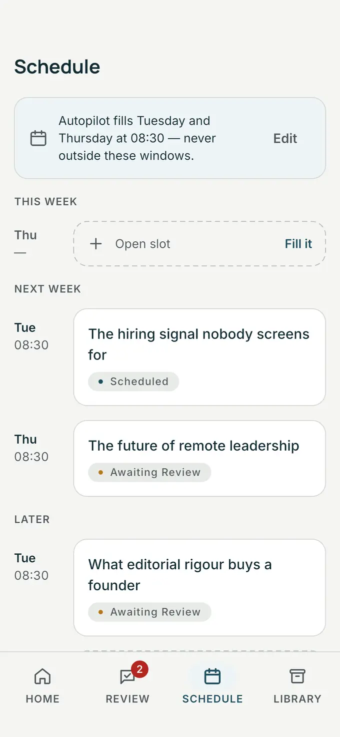 The Omadraft schedule: approved posts set for Tuesday and Thursday mornings, inside the windows Sussy Glass chose.